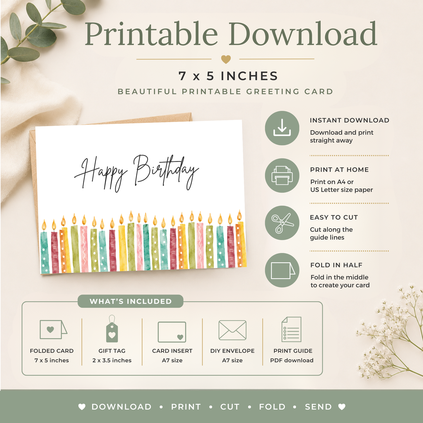 Printable Birthday Card with Colourful Candles