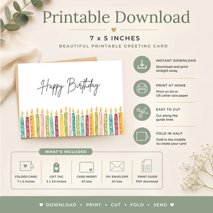 Printable Birthday Card with Colourful Candles