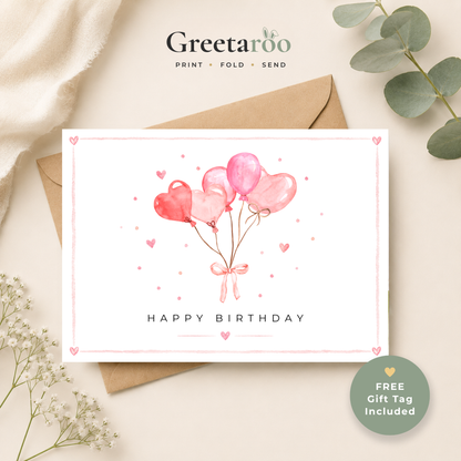 Printable Birthday Card with Heart Balloons