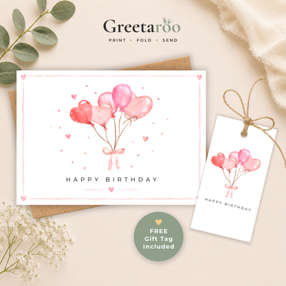 Printable Birthday Card with Heart Balloons