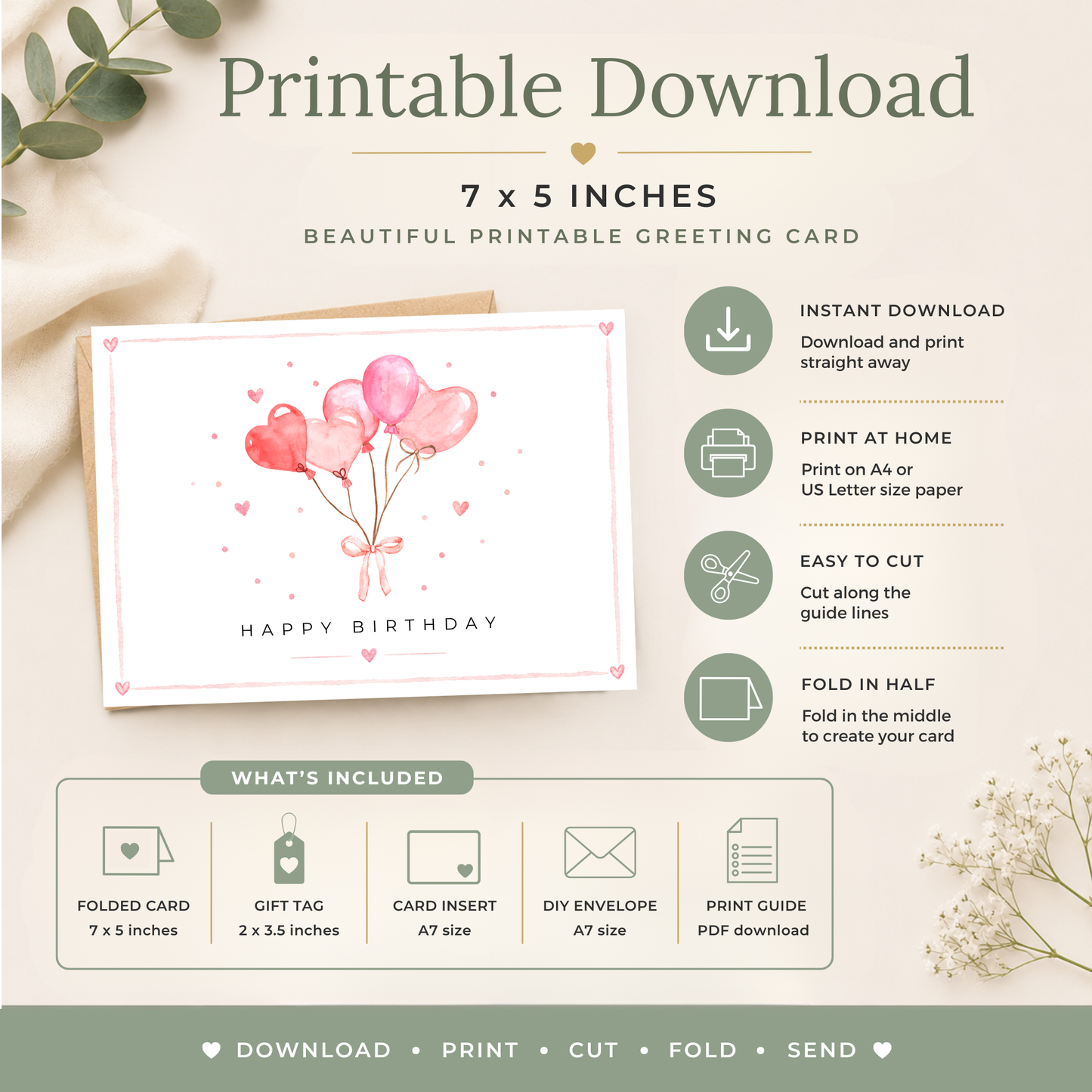 Printable Birthday Card with Heart Balloons