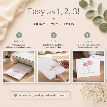 Printable Birthday Card with Heart Balloons