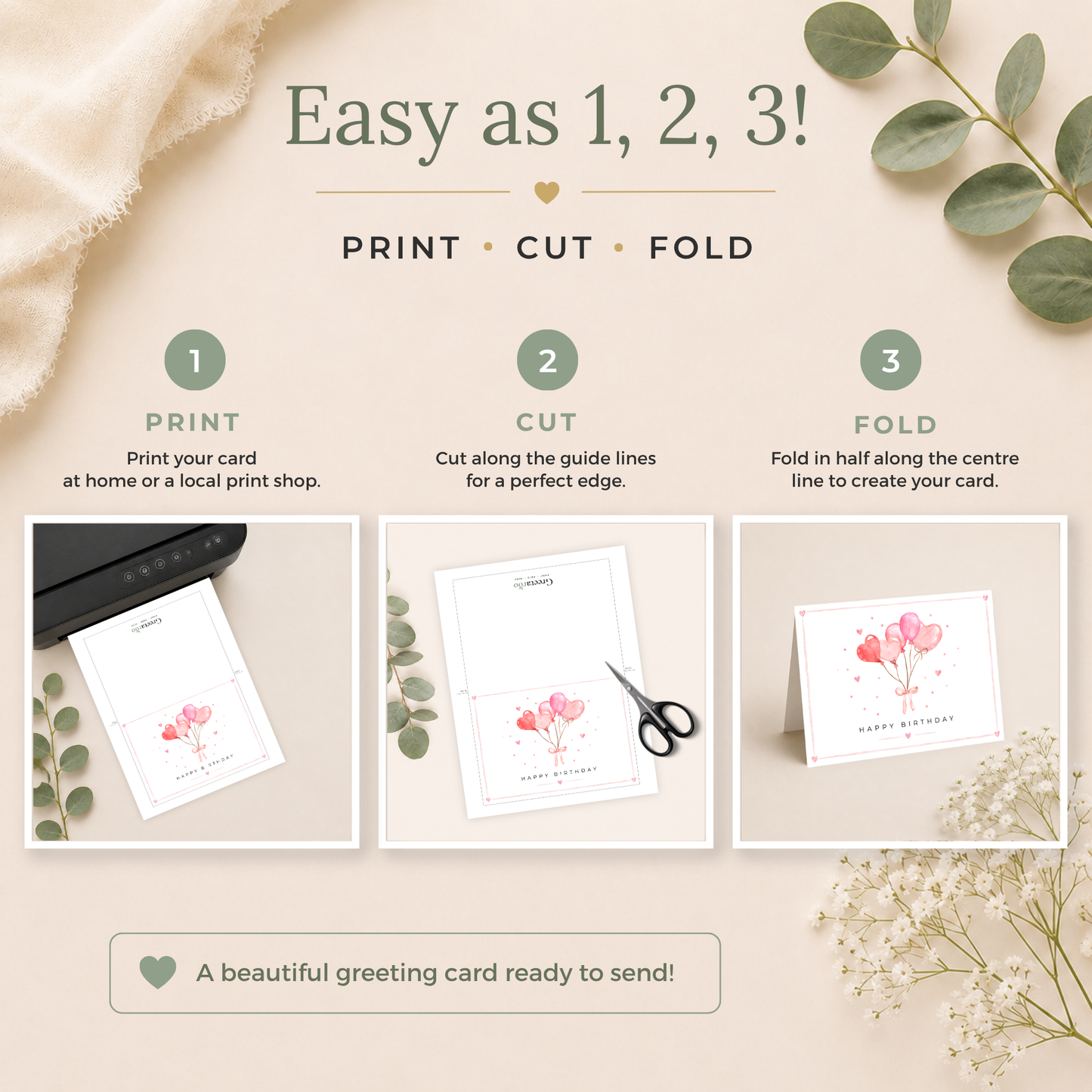 Printable Birthday Card with Heart Balloons