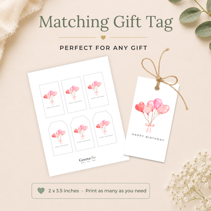 Printable Birthday Card with Heart Balloons