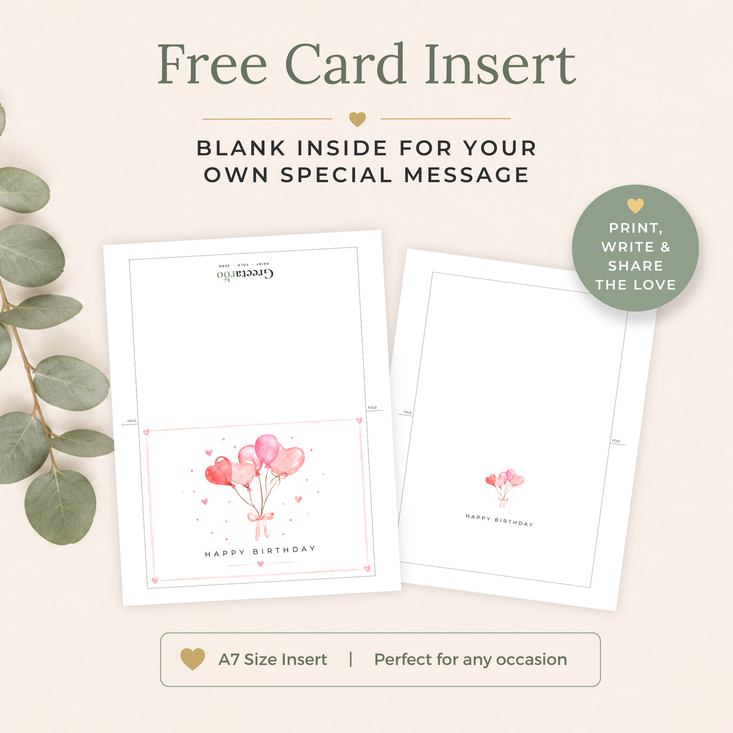 Printable Birthday Card with Heart Balloons