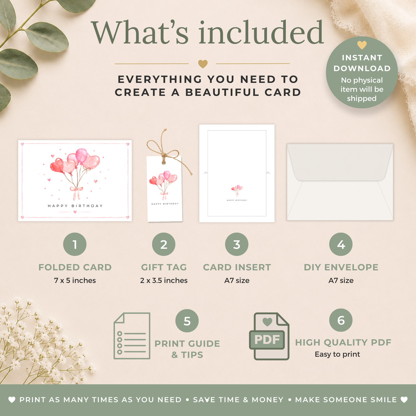 Printable Birthday Card with Heart Balloons