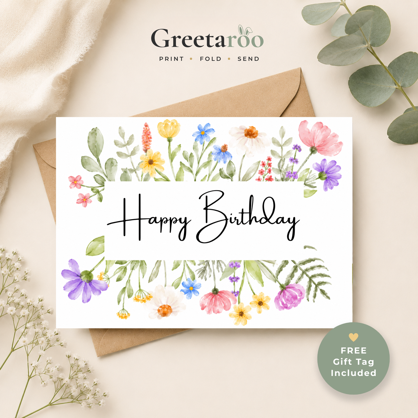 Printable Birthday Card with Watercolour Flowers