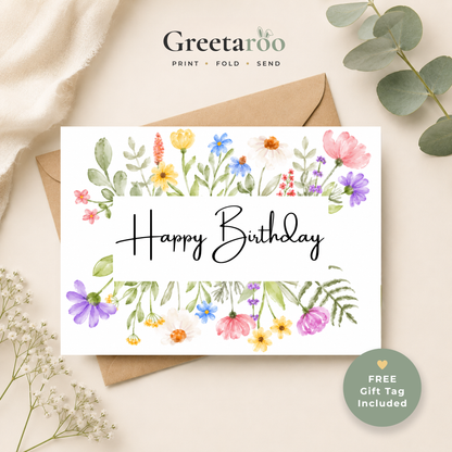 Printable Birthday Card with Watercolour Flowers