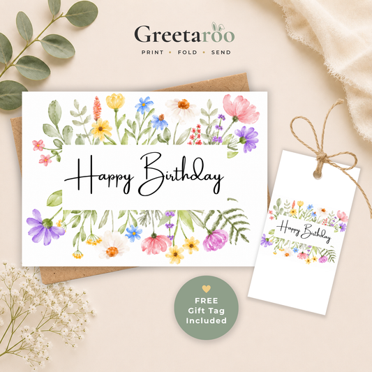 Printable Birthday Card with Watercolour Flowers