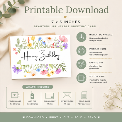 Printable Birthday Card with Watercolour Flowers
