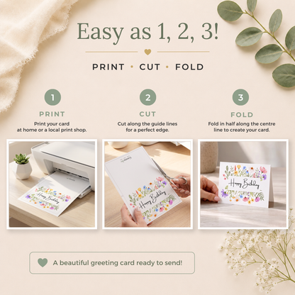 Printable Birthday Card with Watercolour Flowers