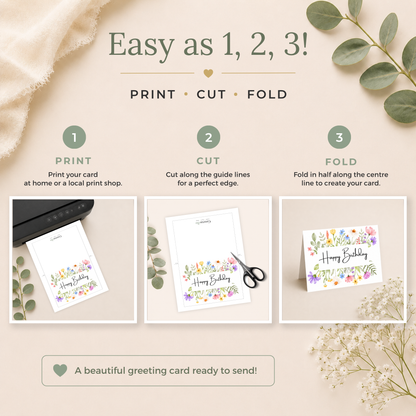 Printable Birthday Card with Watercolour Flowers