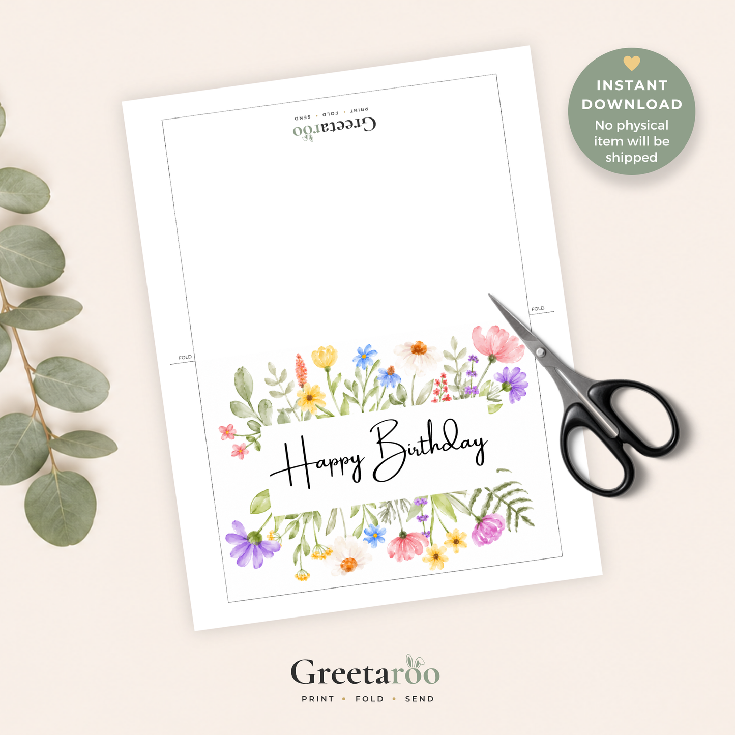 Printable Birthday Card with Watercolour Flowers
