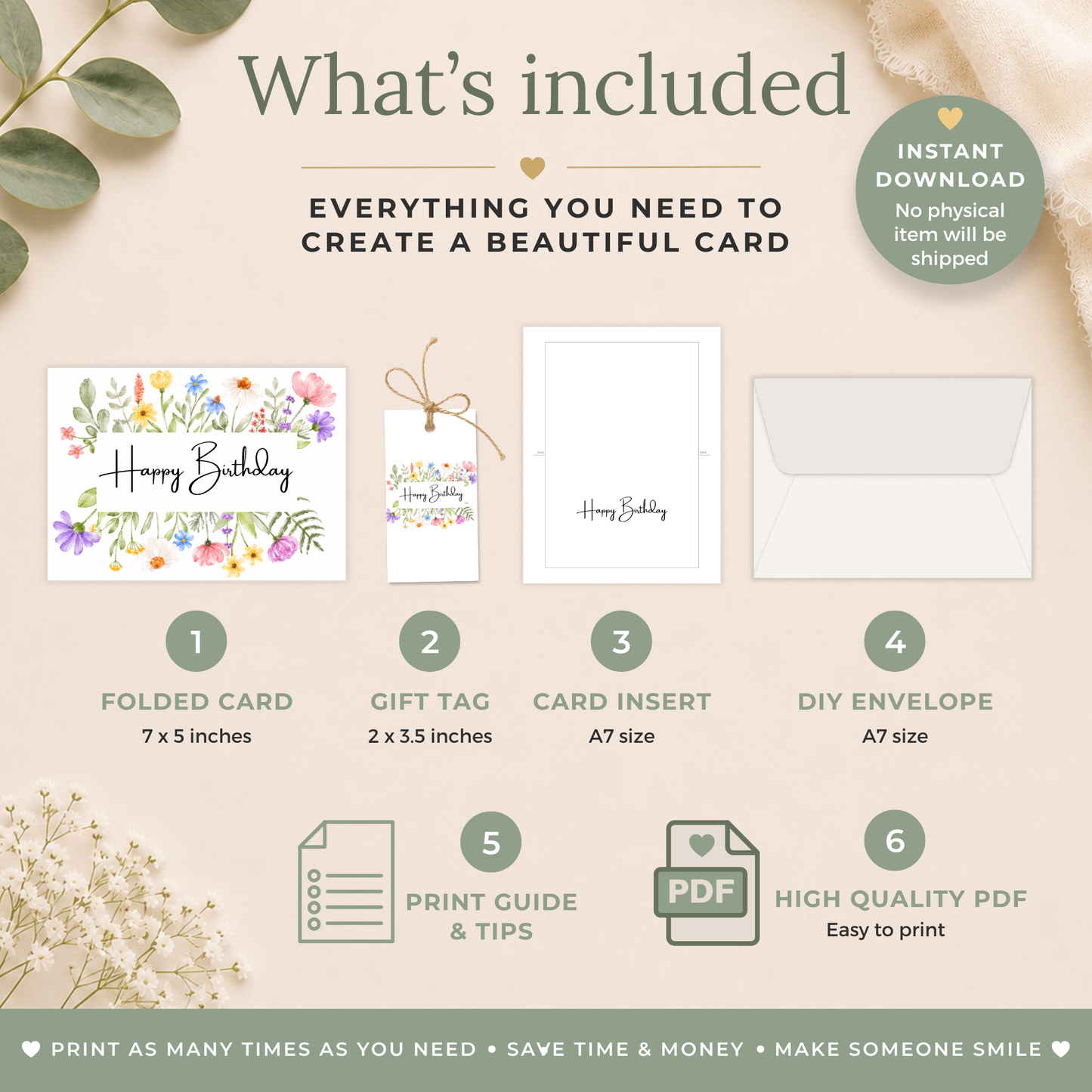 Printable Birthday Card with Watercolour Flowers
