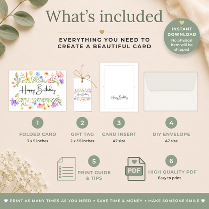 Printable Birthday Card with Watercolour Flowers