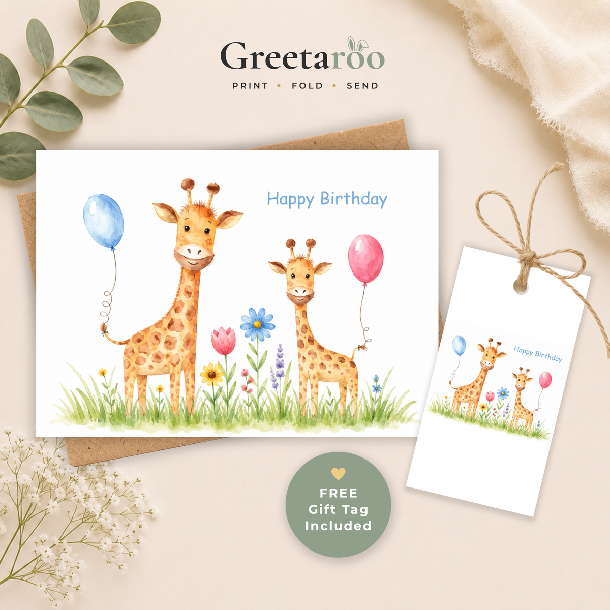 Printable Birthday Card with Cute Giraffe