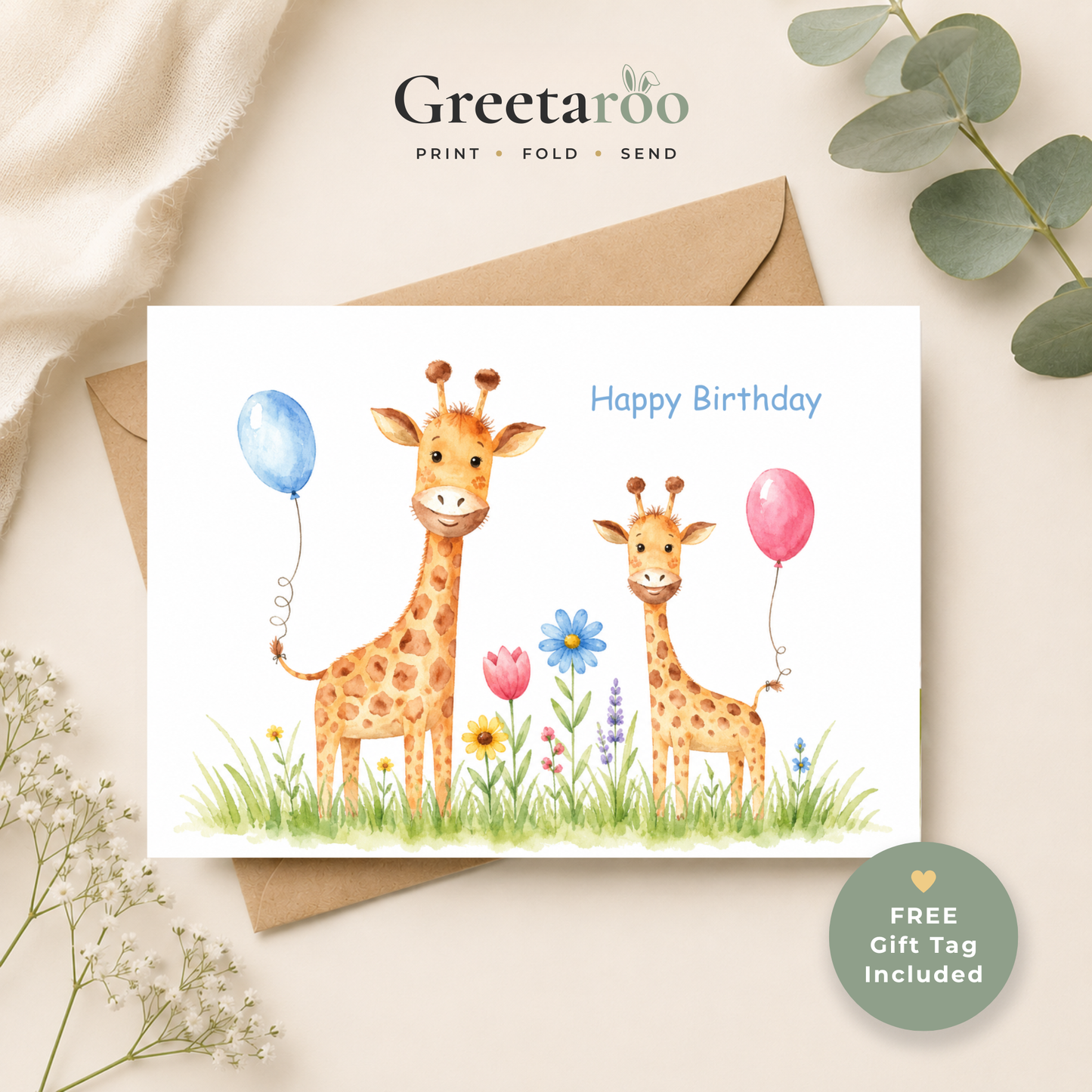 Printable Birthday Card with Cute Giraffe