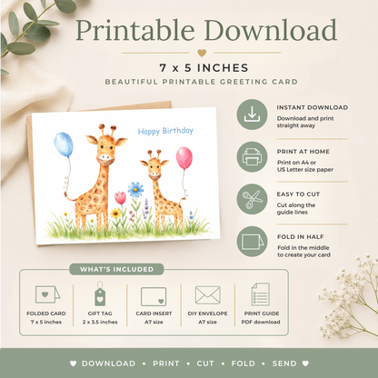 Printable Birthday Card with Cute Giraffe