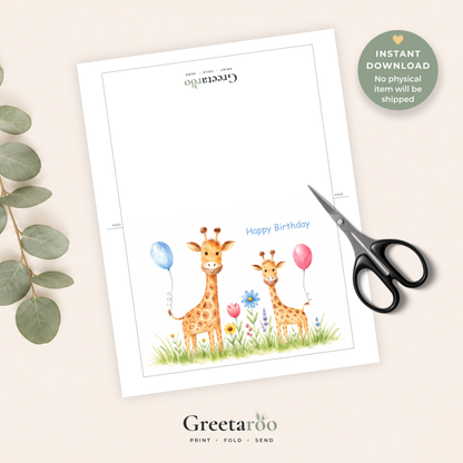 Printable Birthday Card with Cute Giraffe