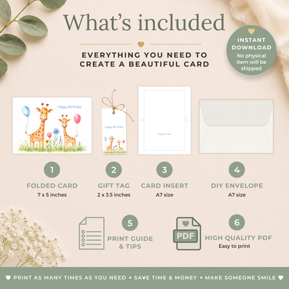 Printable Birthday Card with Cute Giraffe