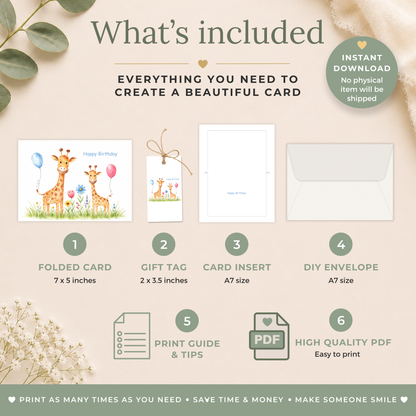 Printable Birthday Card with Cute Giraffe