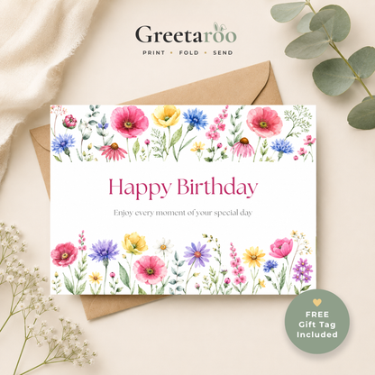 Printable Birthday Card with Flowers