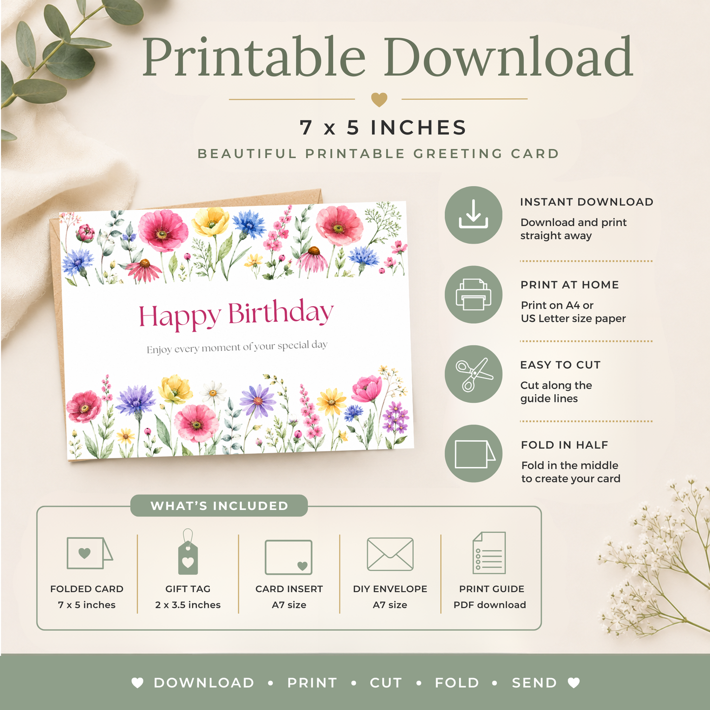 Printable Birthday Card with Flowers
