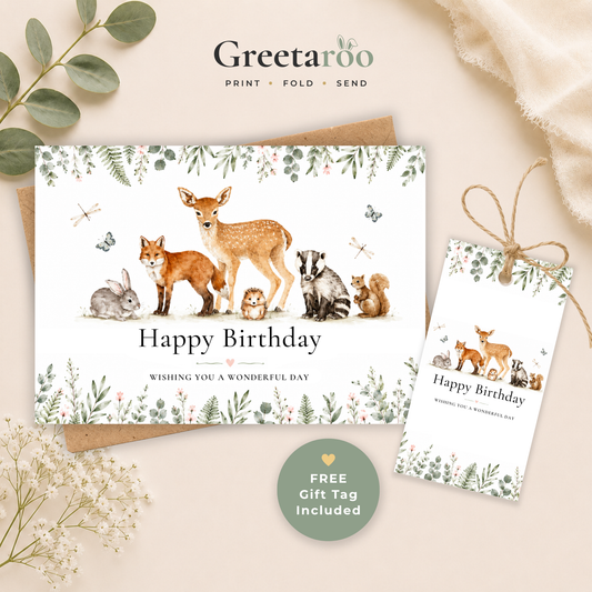 Printable Birthday Card with Woodland Animals