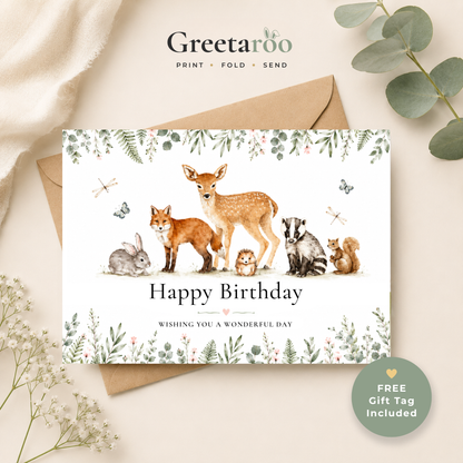 Printable Birthday Card with Woodland Animals