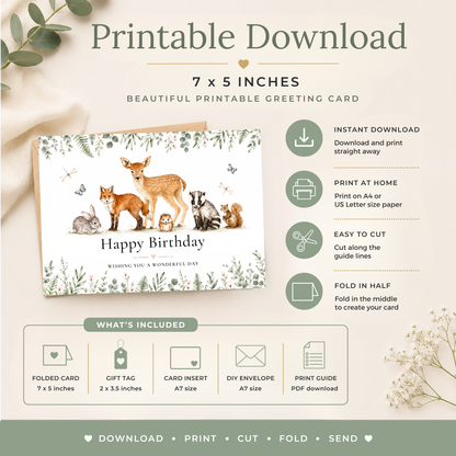 Printable Birthday Card with Woodland Animals