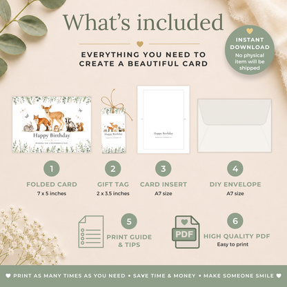 Printable Birthday Card with Woodland Animals