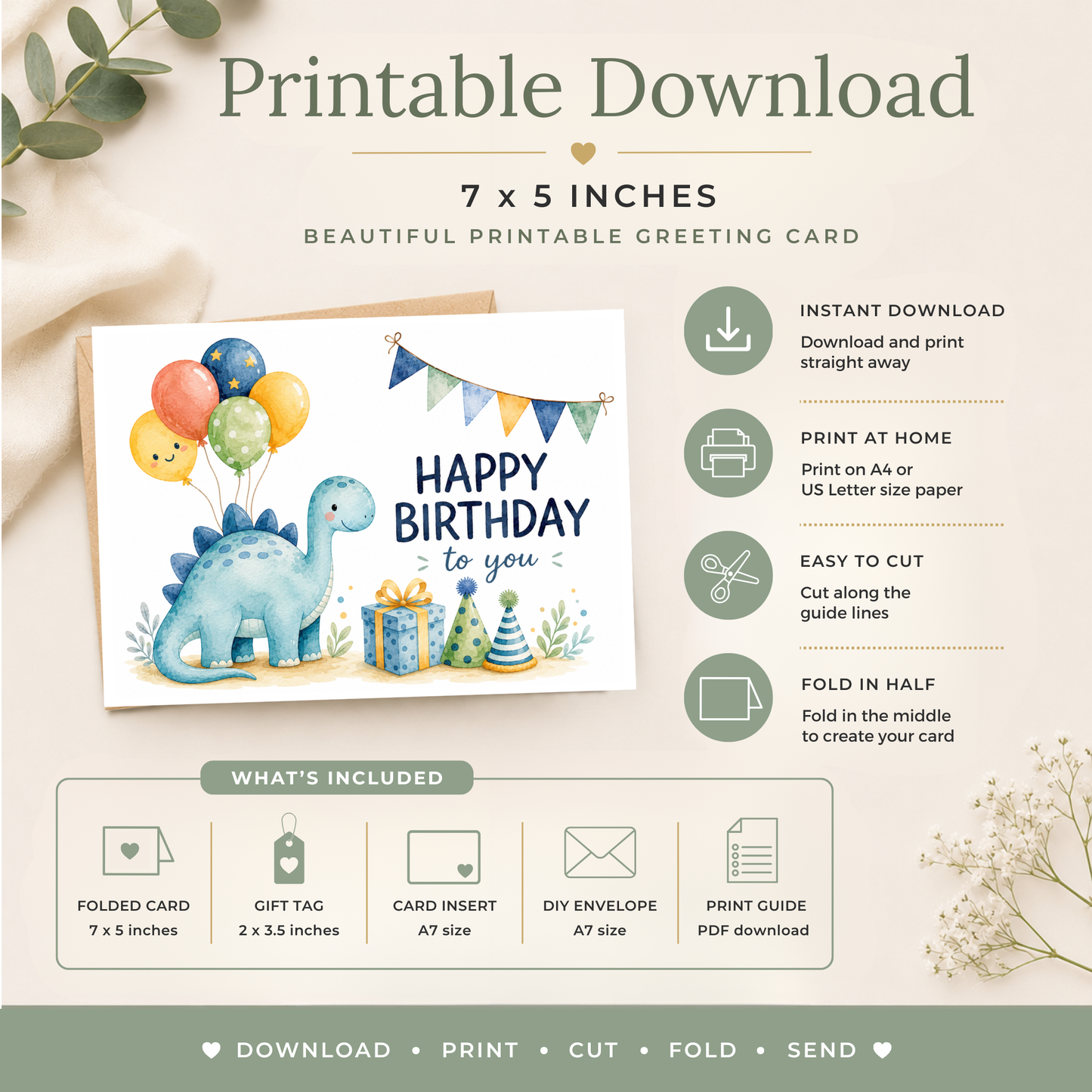 Printable Dinosaur Birthday Card for Kids