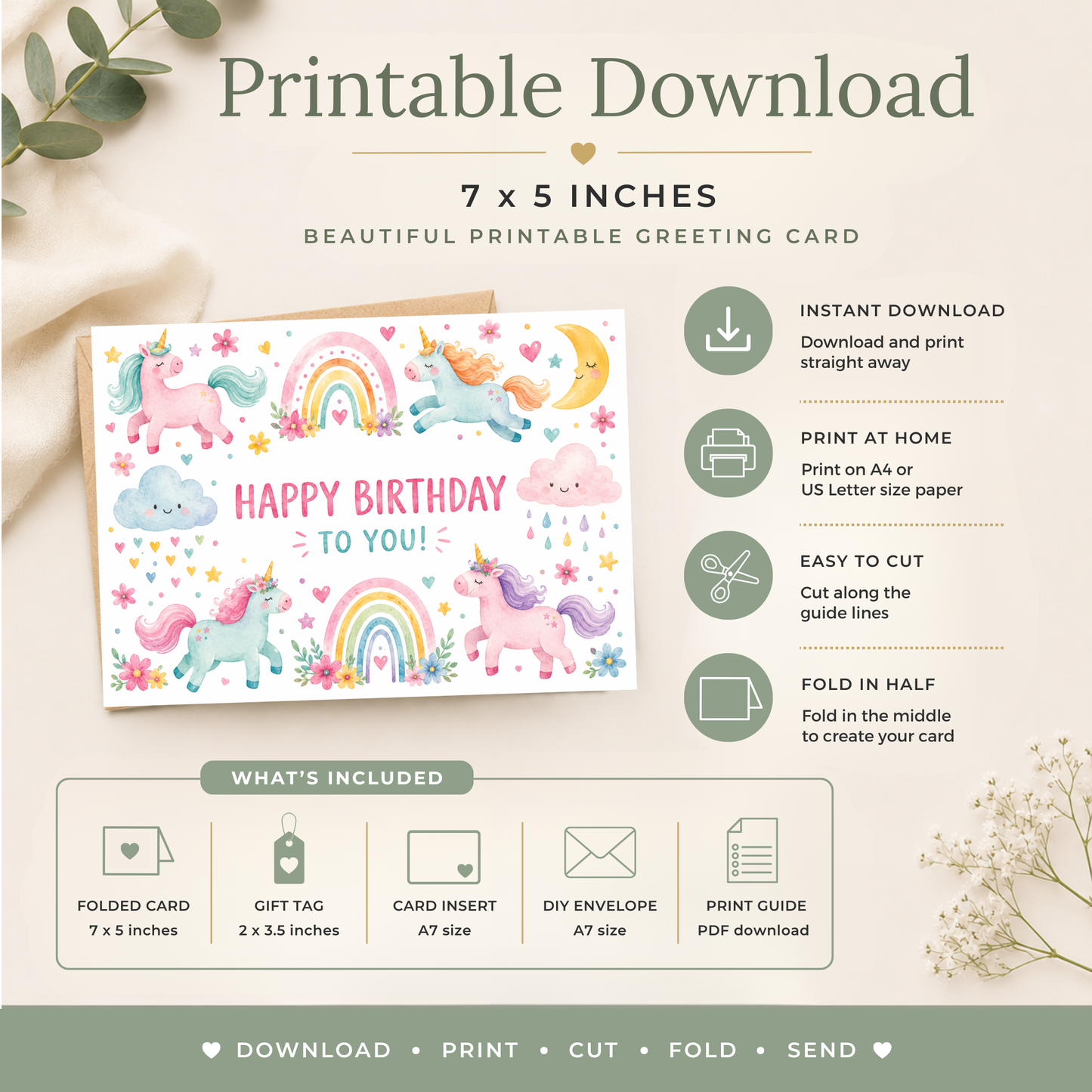Printable Unicorn Birthday Card for Kids