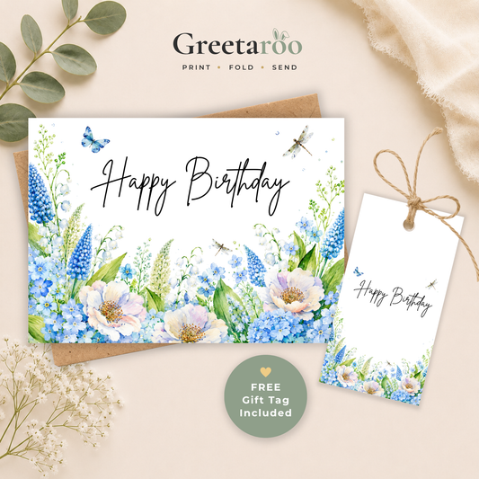Blue Floral Printable Birthday Card