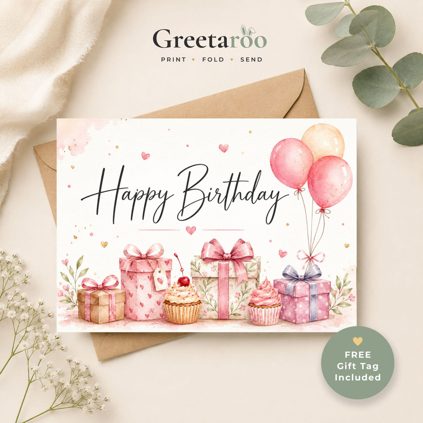 Pink Balloons & Gifts Printable Birthday Card