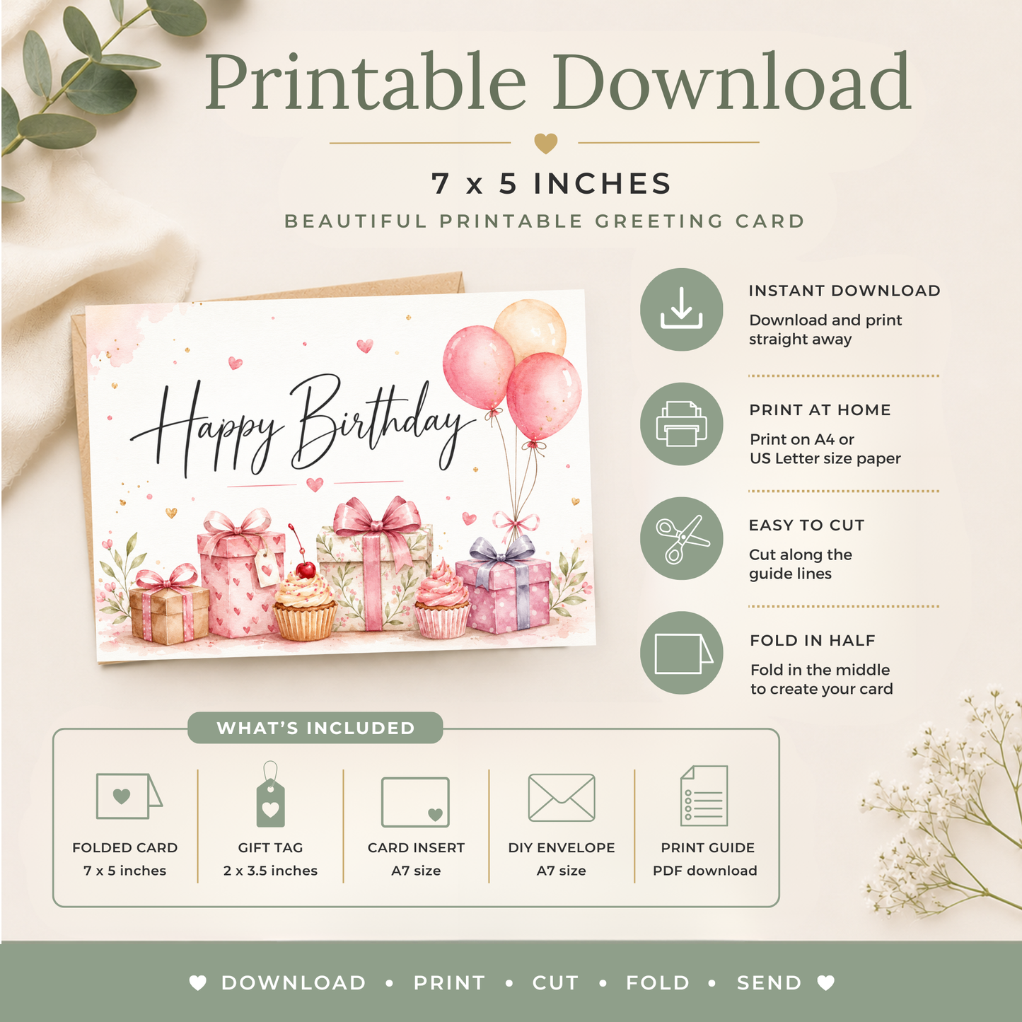 Pink Balloons & Gifts Printable Birthday Card
