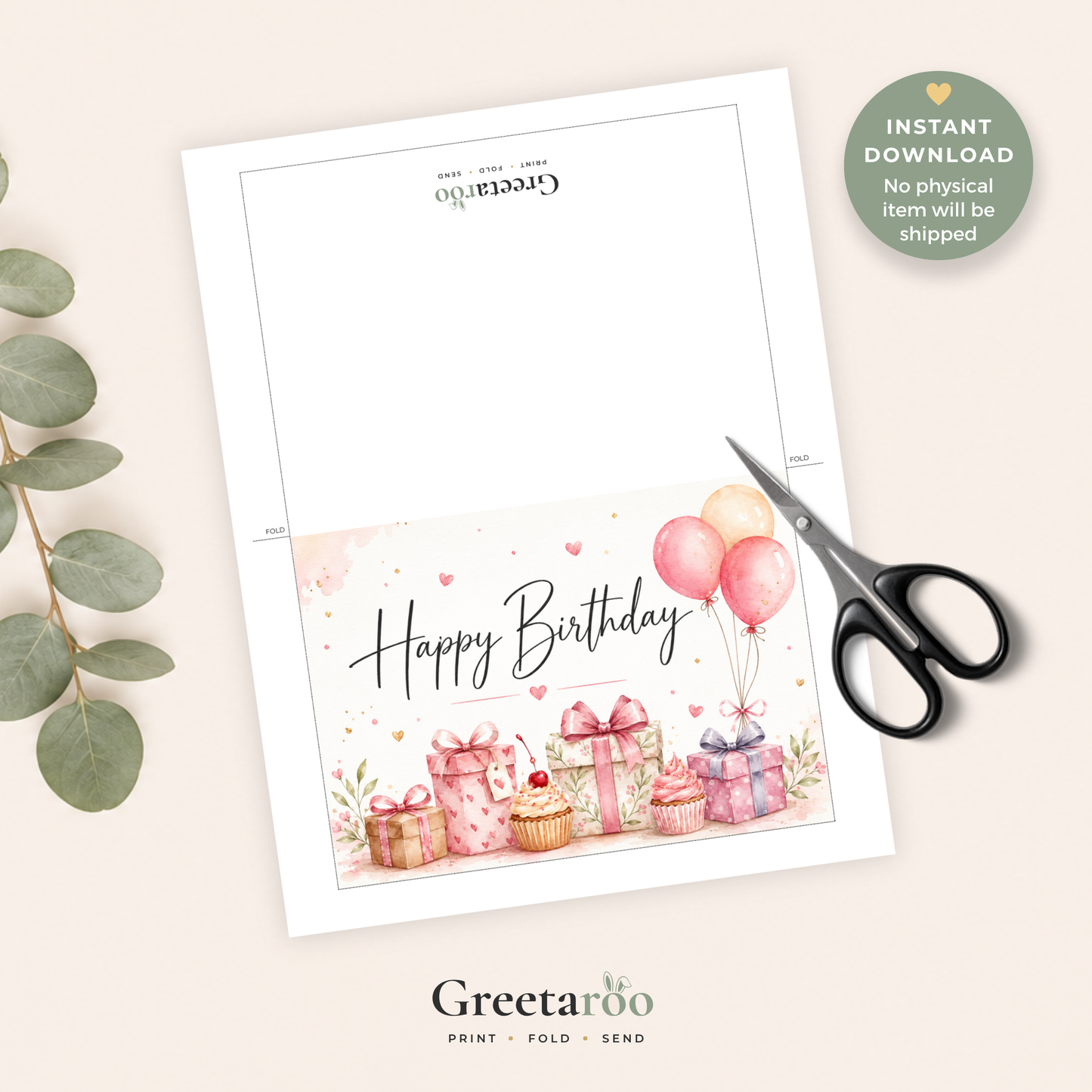 Pink Balloons & Gifts Printable Birthday Card