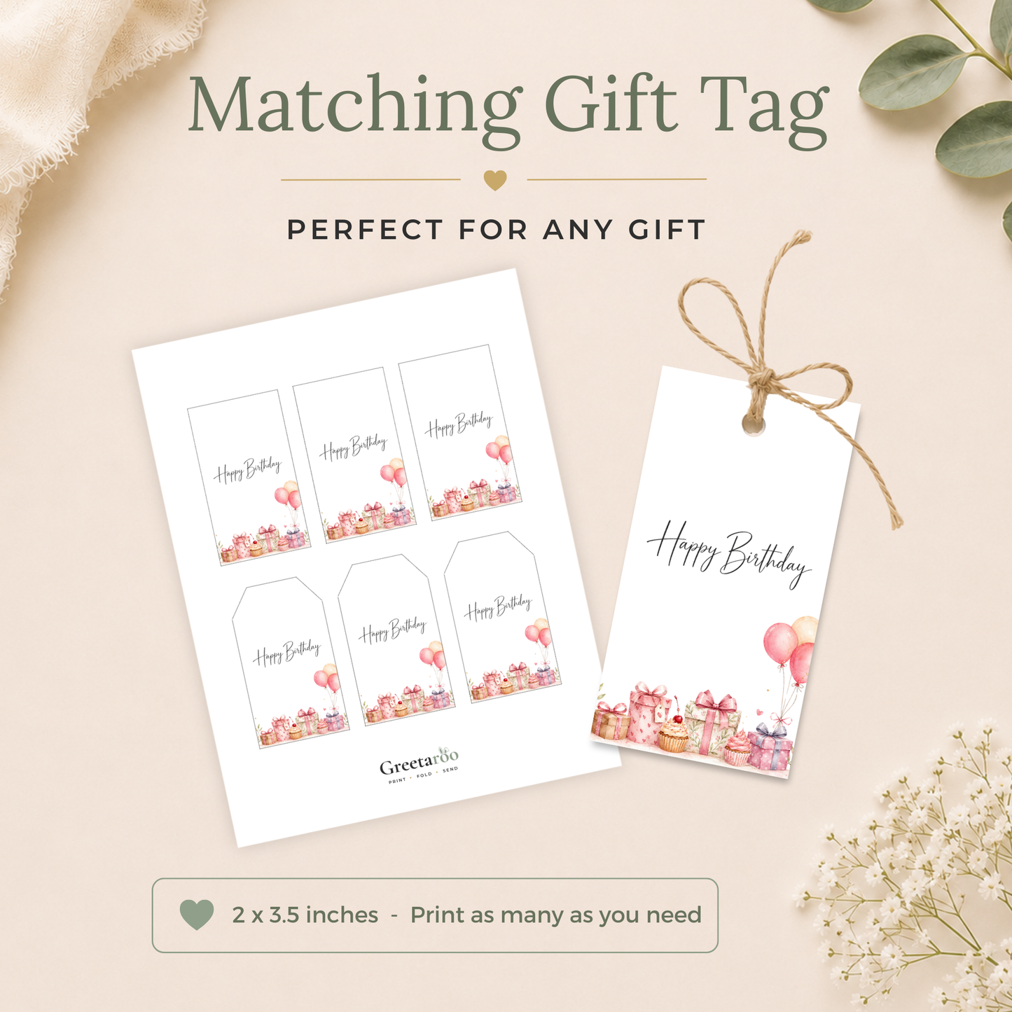 Pink Balloons & Gifts Printable Birthday Card
