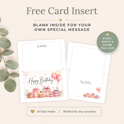 Pink Balloons & Gifts Printable Birthday Card