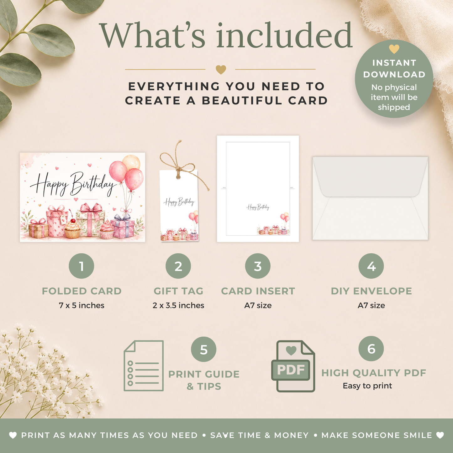 Pink Balloons & Gifts Printable Birthday Card