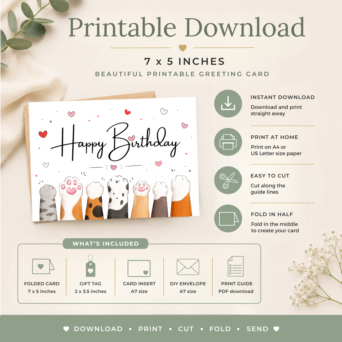 Cute Cat Printable Birthday Card