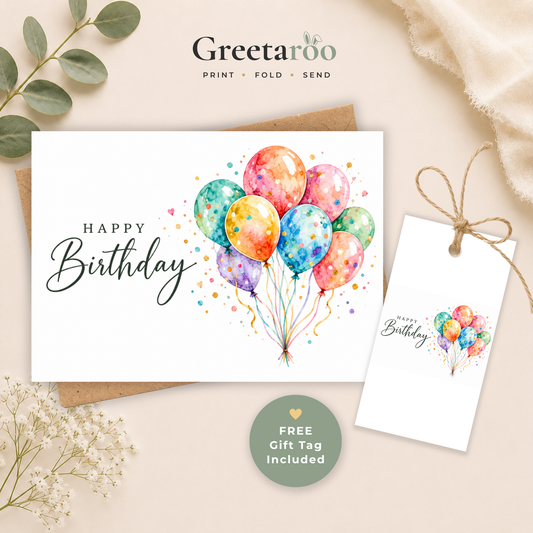 Printable Birthday Card with Colourful Balloons