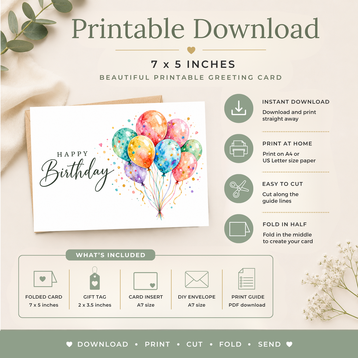 Printable Birthday Card with Colourful Balloons