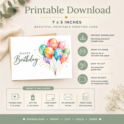 Printable Birthday Card with Colourful Balloons