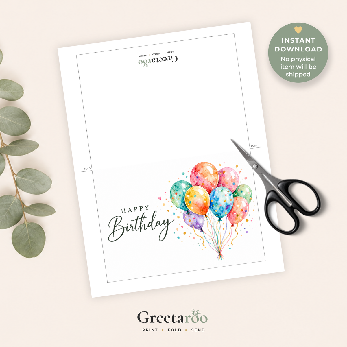 Printable Birthday Card with Colourful Balloons