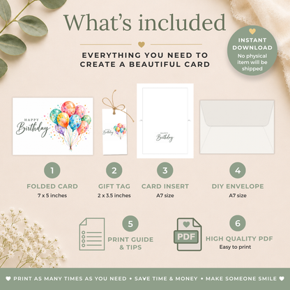 Printable Birthday Card with Colourful Balloons