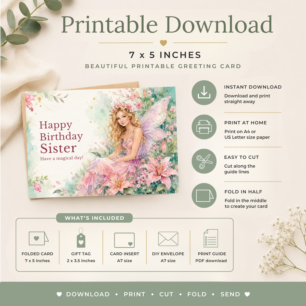 Printable Birthday Card with Magical Fairy