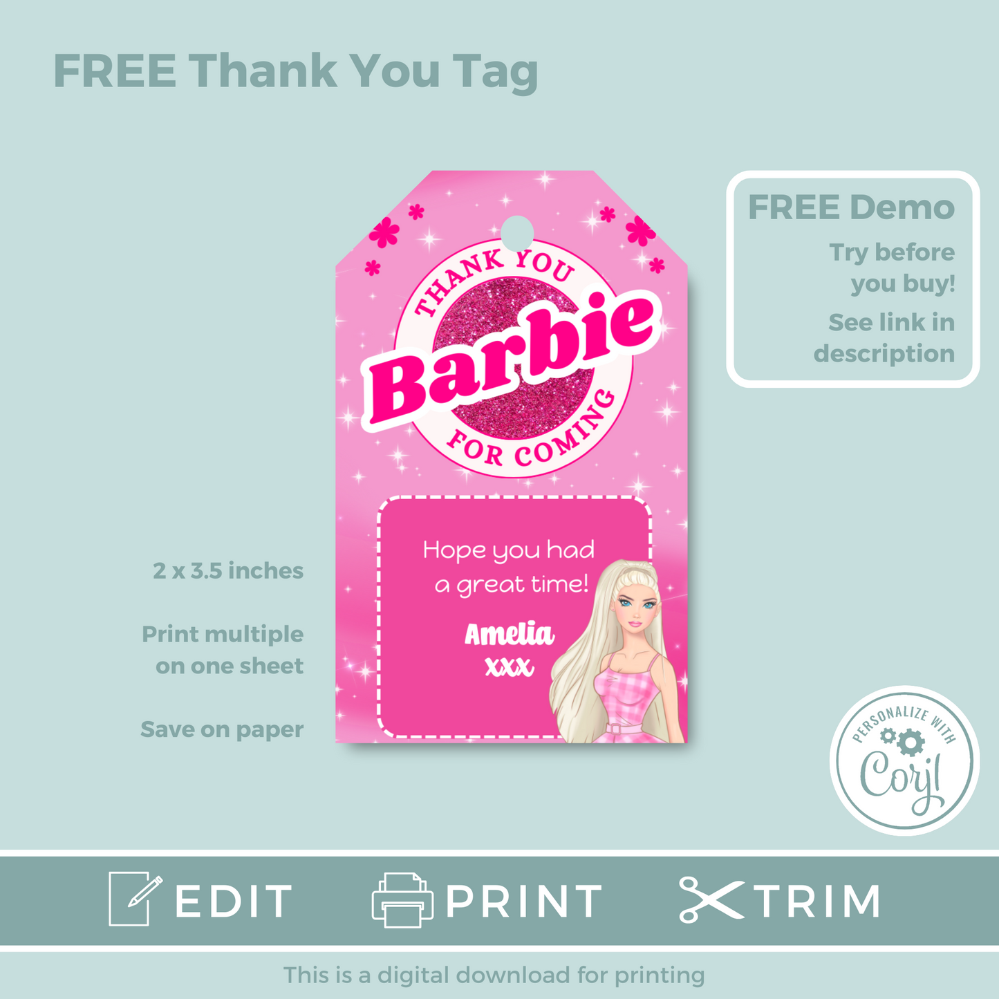 Editable Phone Birthday Invitation and FREE Thank You Tag - Barbie