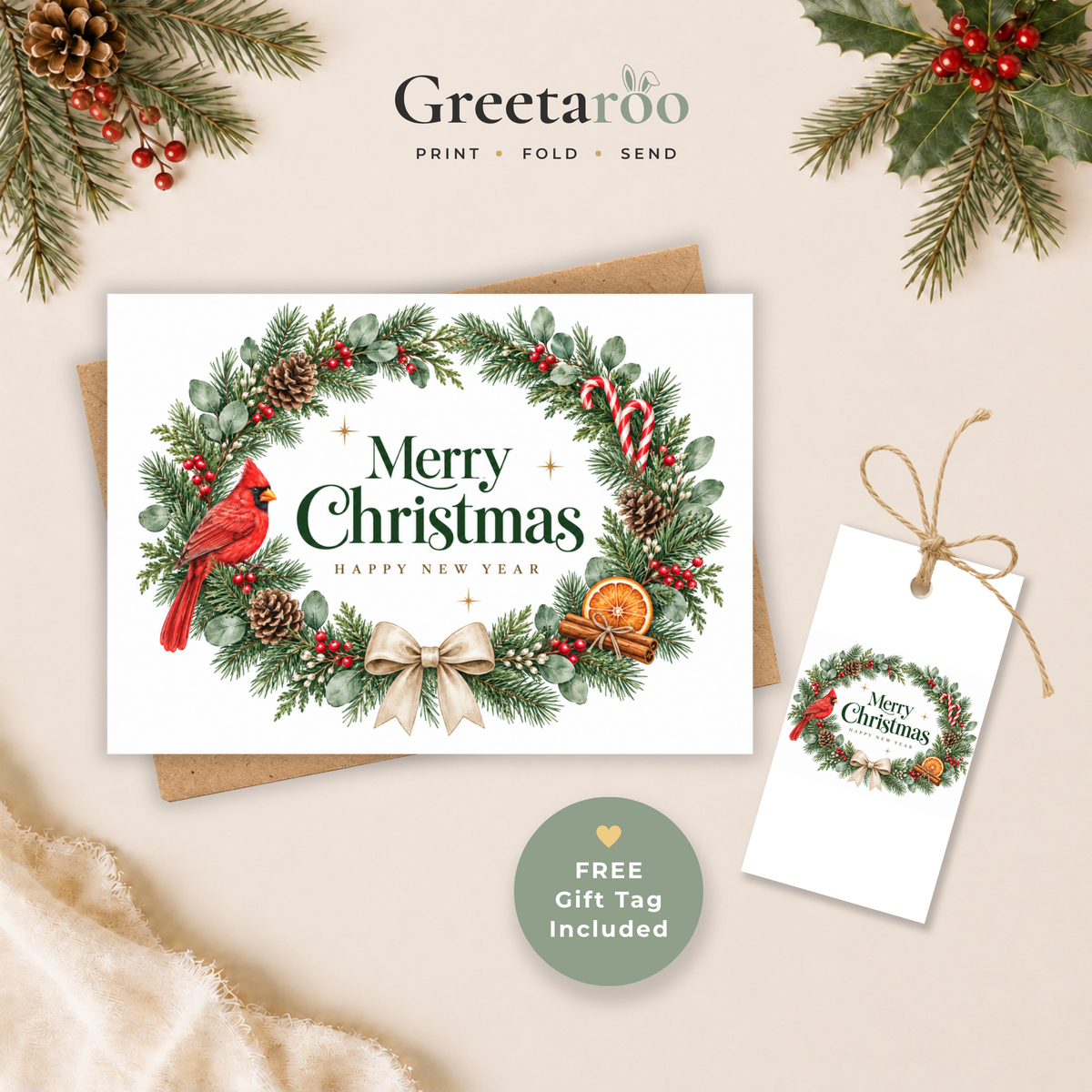 Festive Wreath Printable Christmas Card