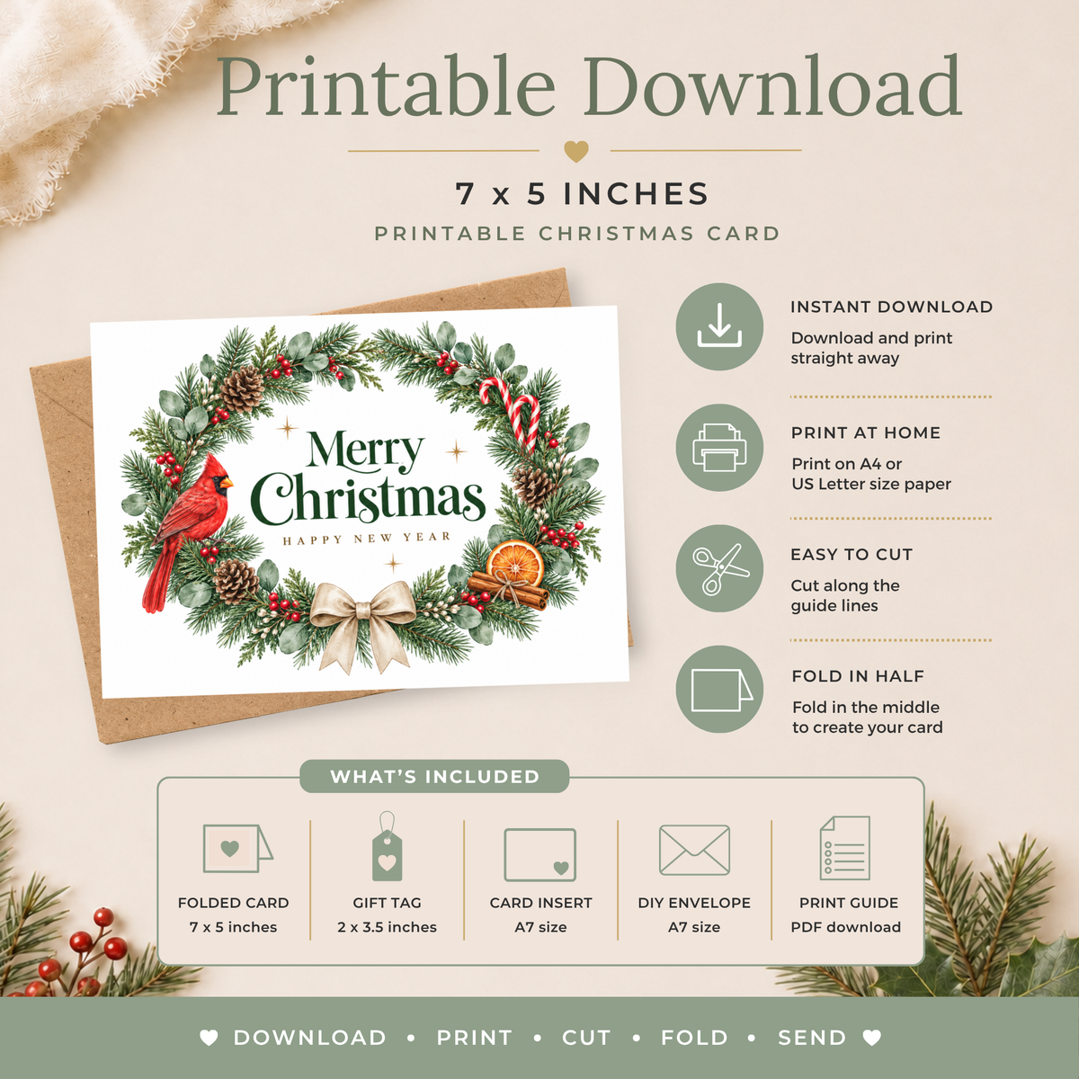 Festive Wreath Printable Christmas Card